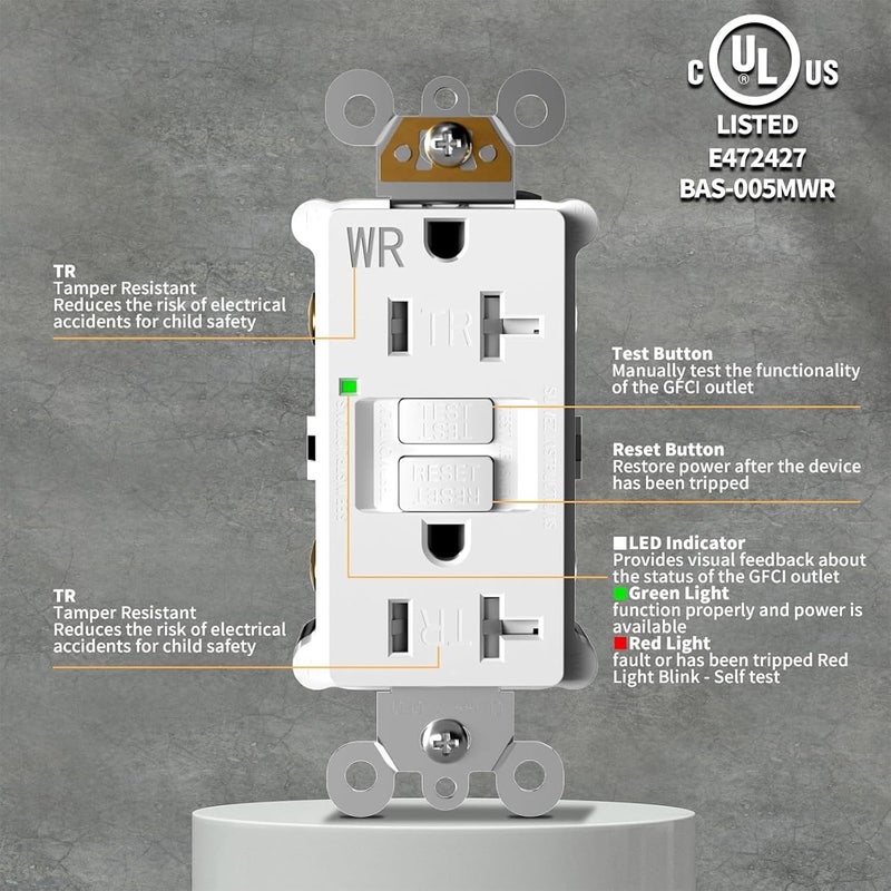 POWAWINI GFCI Outlet 20 Amp, Thinner Design, Self-Test GFI Receptacle, LED Indicator, UL Listed, Tamper Resistant, Weather Resistant, with Wall Plates and Screws, Indoor Outdoor Use, White - Image 2
